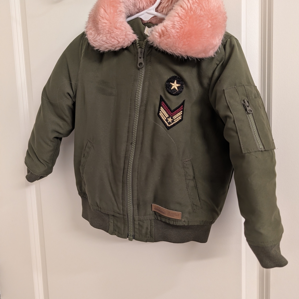Green Bomber Jacket with Pink Fur Collar